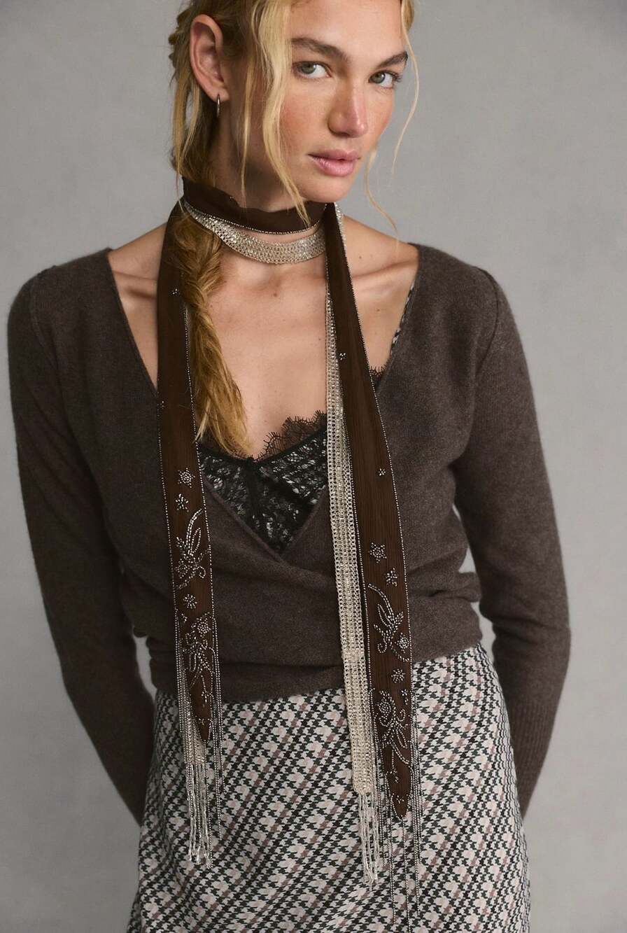 Anthropologie Beaded Chain Scarf Brown NWT